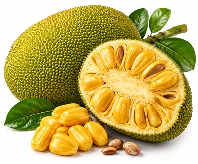 Fresh Ripe Jackfruit With Sliced Halves And Seeds