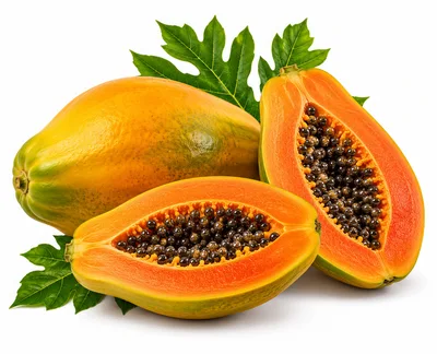 Fresh Ripe Papayas With Green Leaves