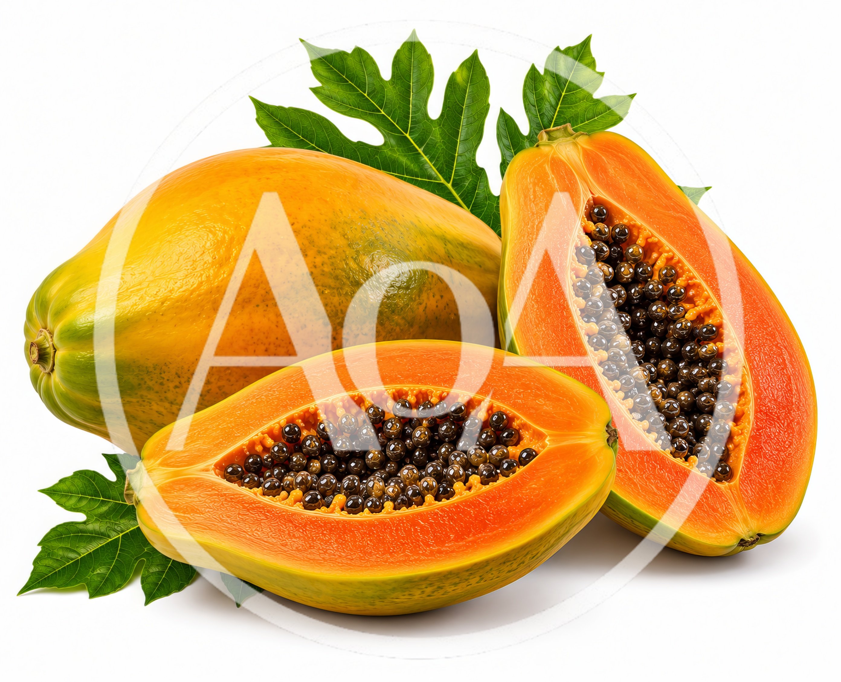 Fresh Ripe Papayas With Green Leaves