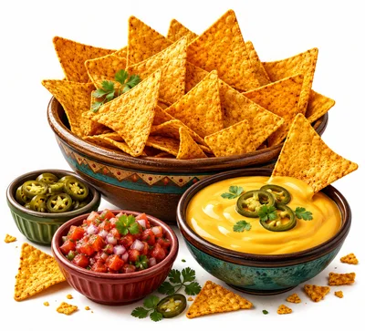 Bowl Of Tortilla Chips With Cheese Dip And Salsa