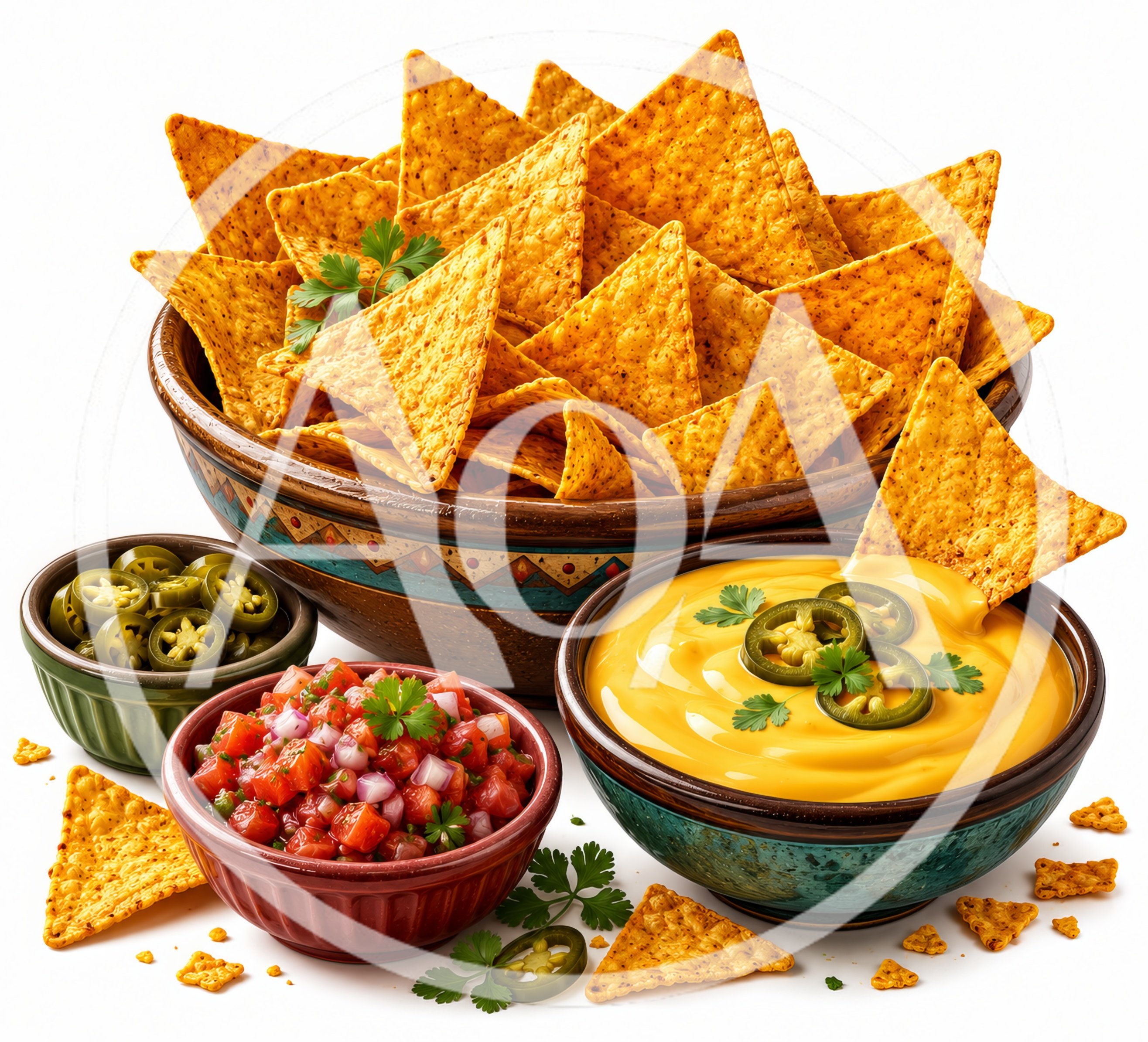 Bowl Of Tortilla Chips With Cheese Dip And Salsa