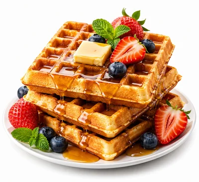 Stack of Golden Waffles with Berries and Syrup