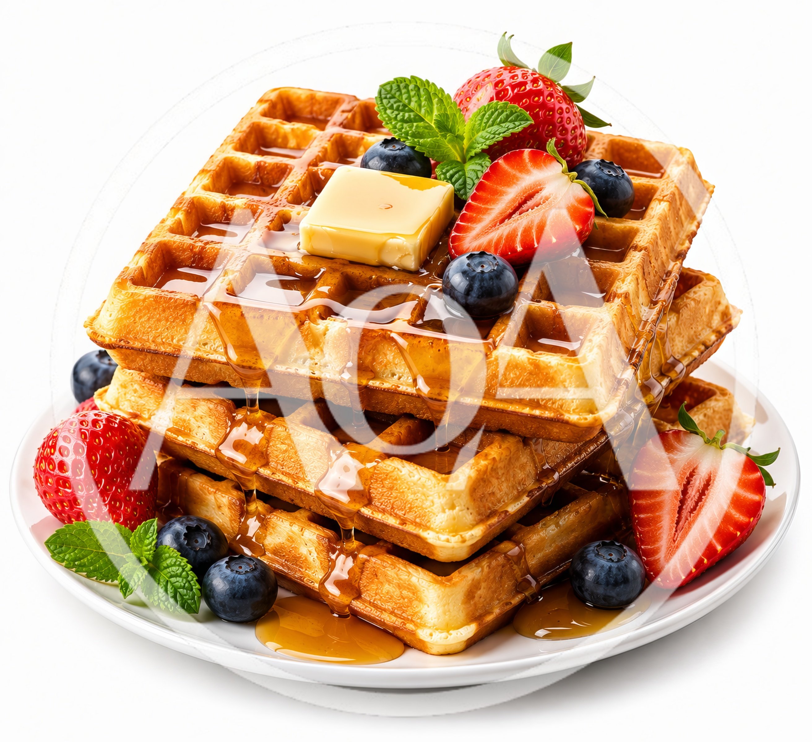 Stack of Golden Waffles with Berries and Syrup
