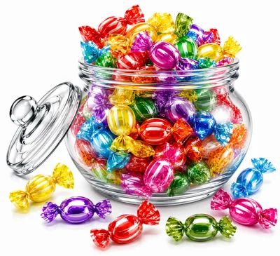 Glass Jar Filled With Colorful Wrapped Hard Candies