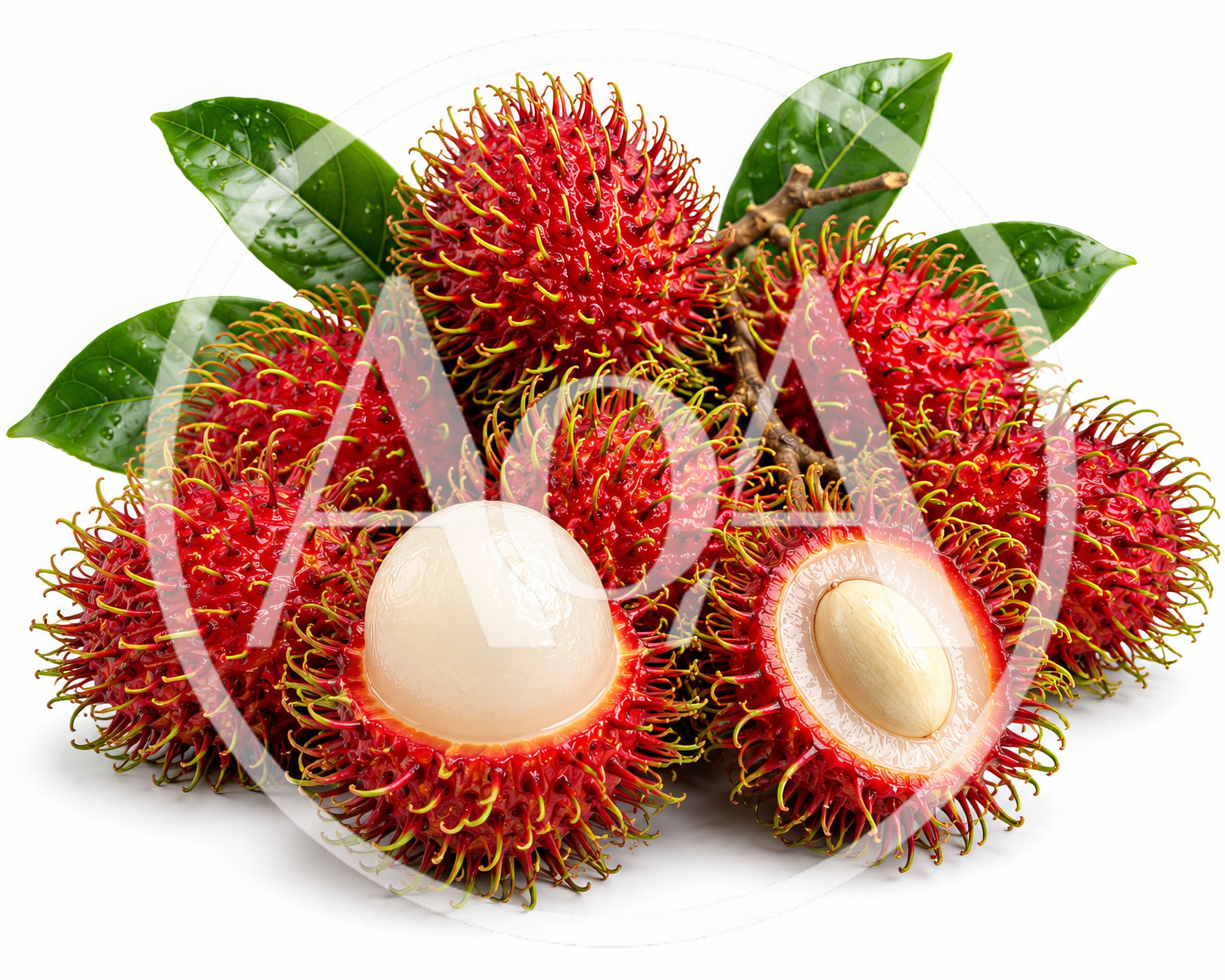 Fresh Rambutan Fruits With Leaves On White Background
