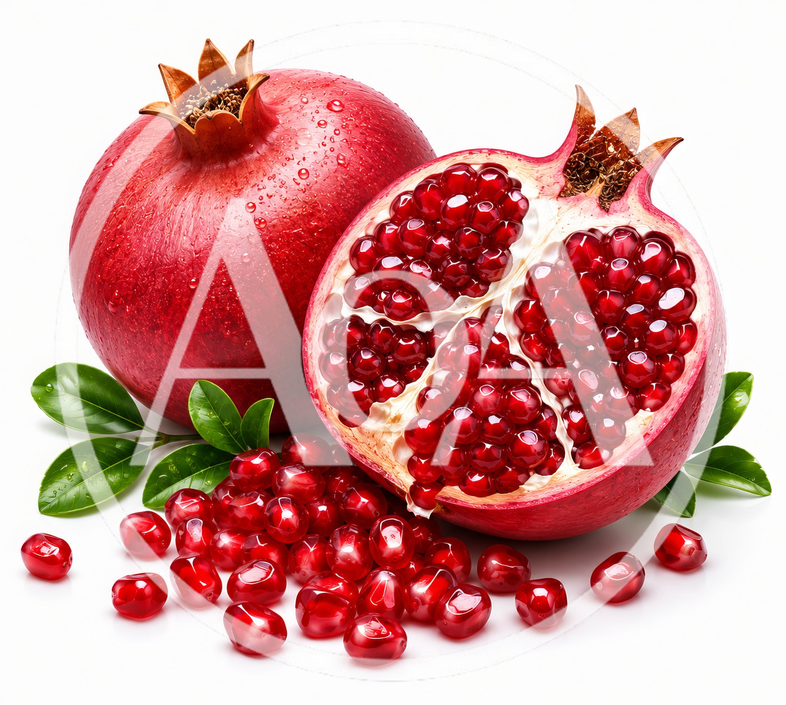 Fresh Whole and Halved Pomegranate with Arils