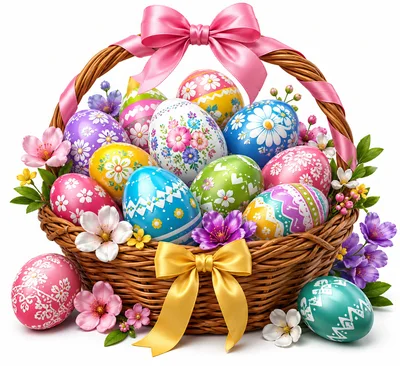 Easter Basket Filled With Decorated Eggs And Flowers