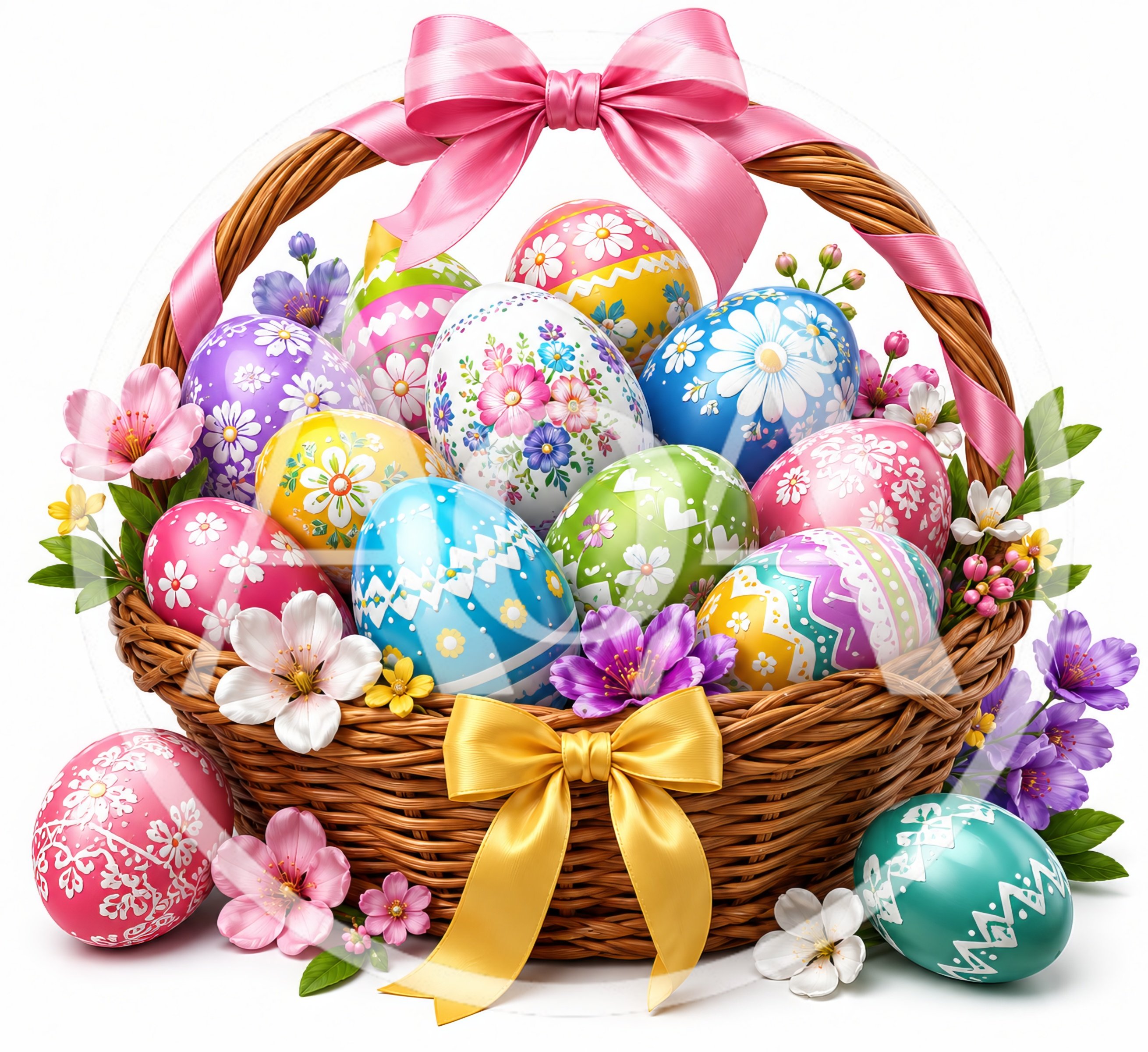 Easter Basket Filled With Decorated Eggs And Flowers