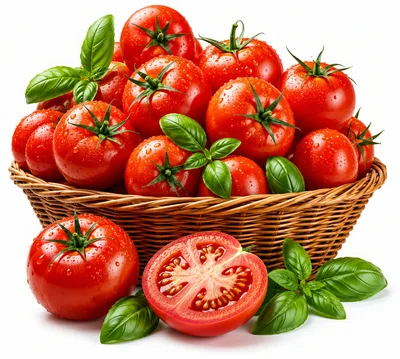 Fresh Red Tomatoes And Basil Leaves In Wicker Basket