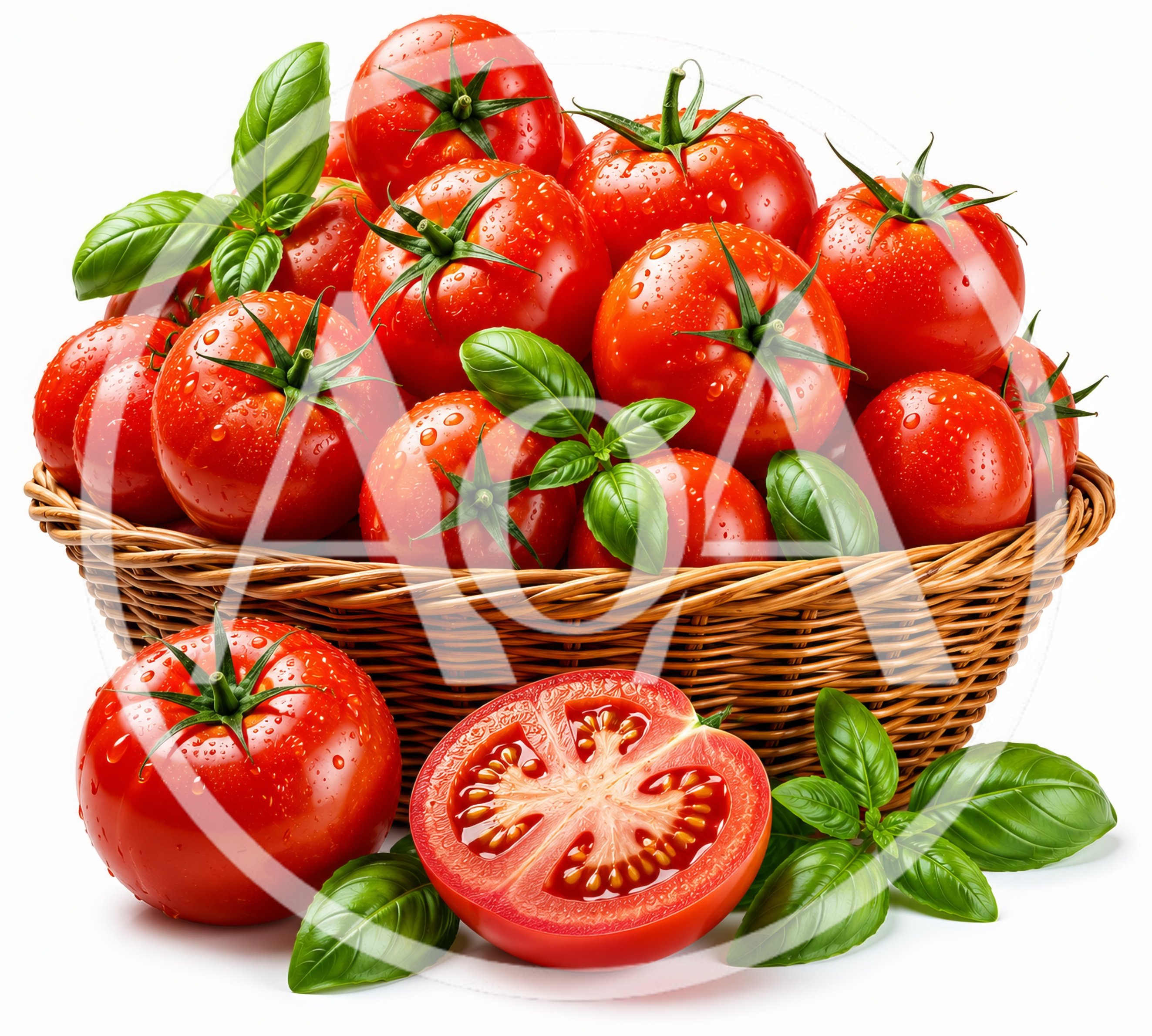 Fresh Red Tomatoes And Basil Leaves In Wicker Basket