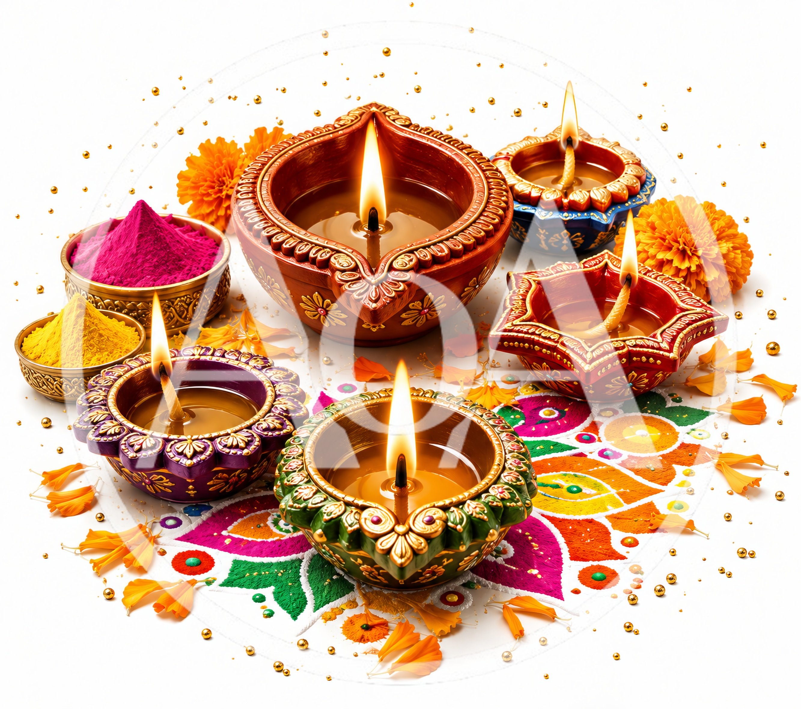 Diwali Celebration With Traditional Diyas And Rangoli