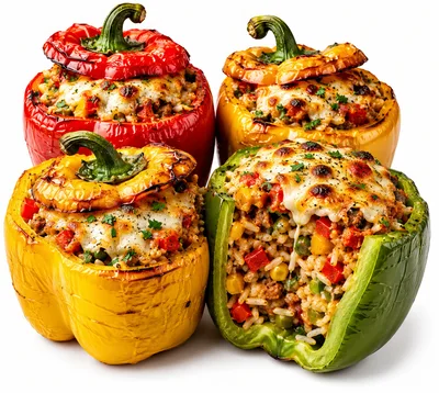 Four Colorful Stuffed Bell Peppers With Melted Cheese