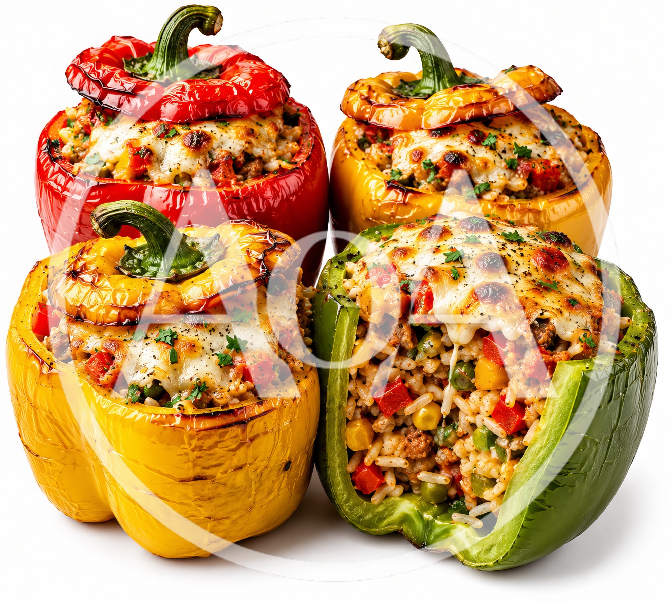 Four Colorful Stuffed Bell Peppers With Melted Cheese