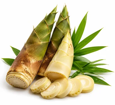 Fresh Bamboo Shoots With Sliced Pieces And Green Leaves