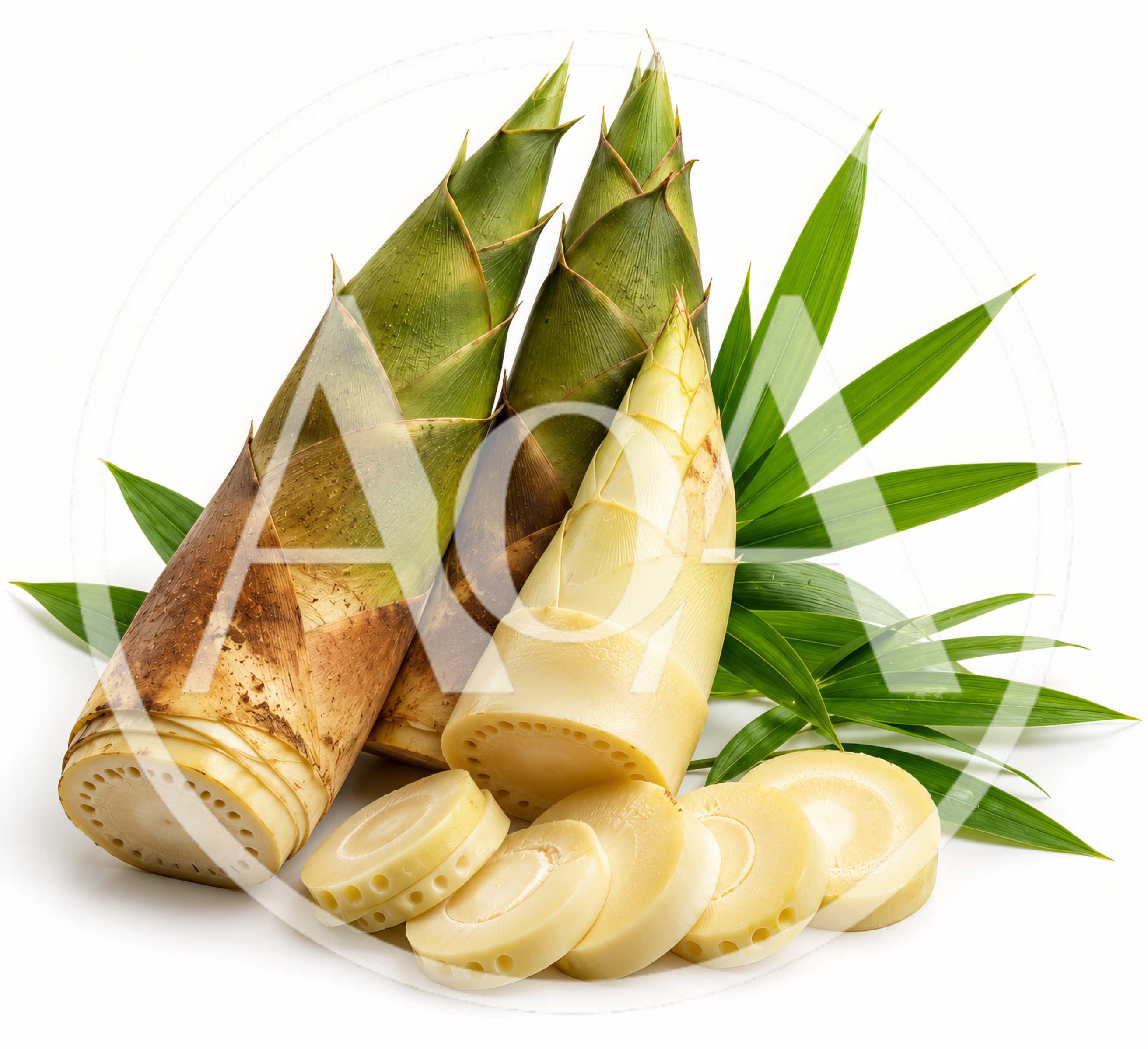Fresh Bamboo Shoots With Sliced Pieces And Green Leaves