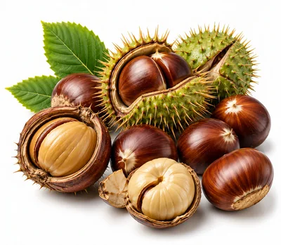 Fresh Horse Chestnuts With Spiky Husks And Leaves