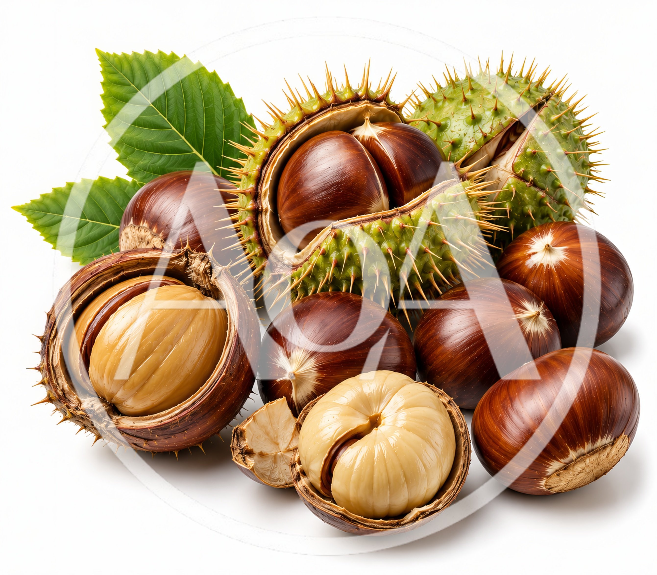 Fresh Horse Chestnuts With Spiky Husks And Leaves