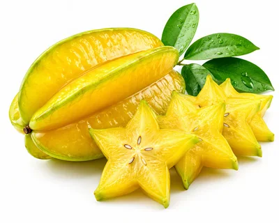 Fresh Starfruit With Slices And Green Leaves