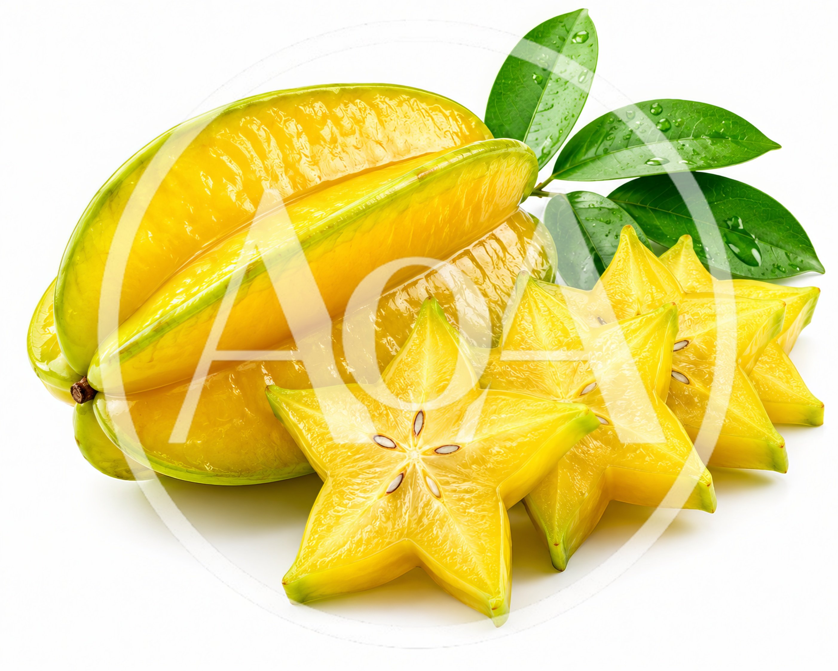 Fresh Starfruit With Slices And Green Leaves