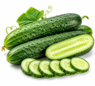 Fresh Green Cucumbers With Slices And Leaf