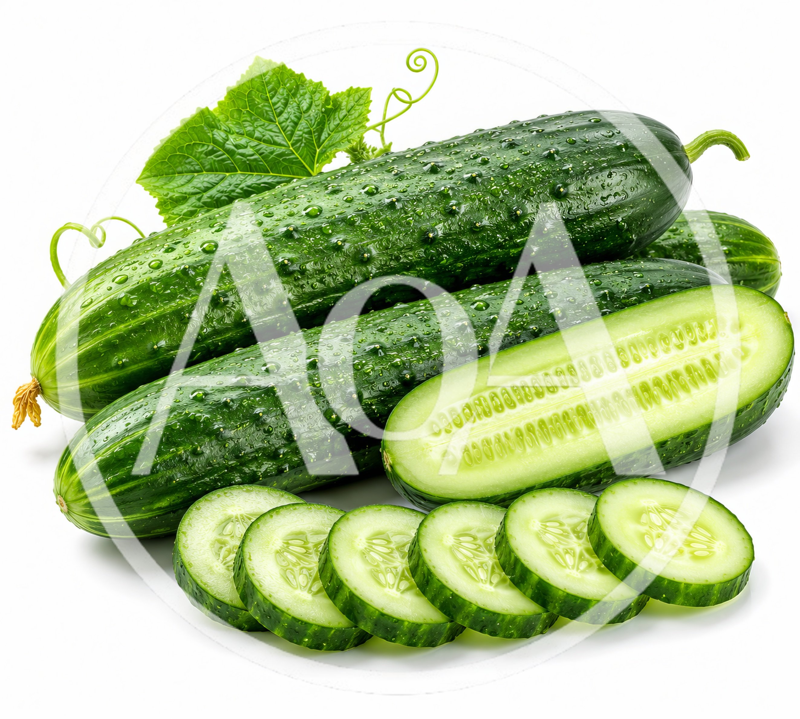 Fresh Green Cucumbers With Slices And Leaf