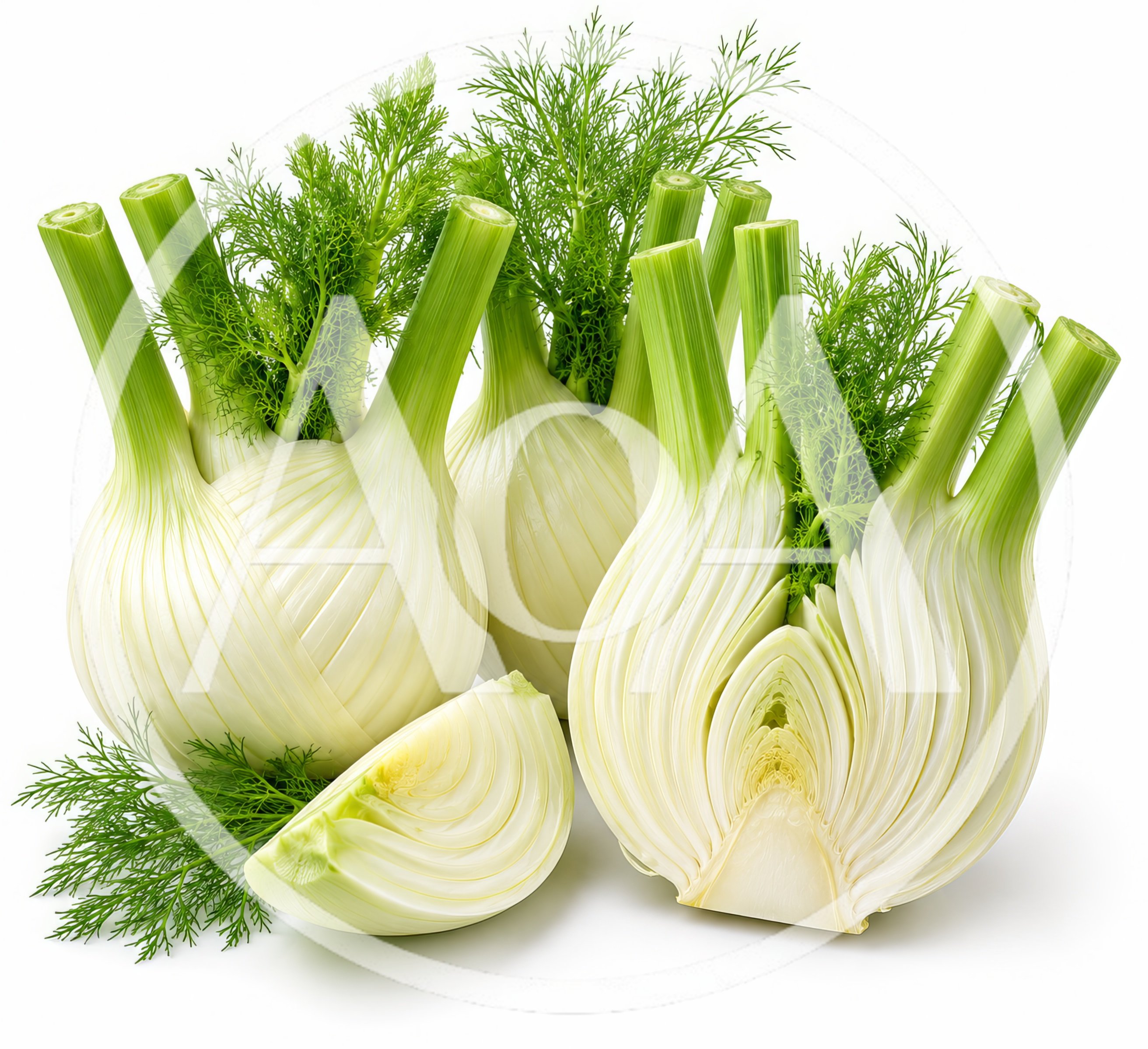 Fresh Fennel Bulbs With Fronds On White Background