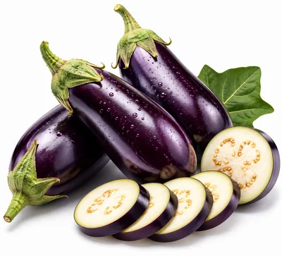 Fresh Whole And Sliced Purple Eggplants
