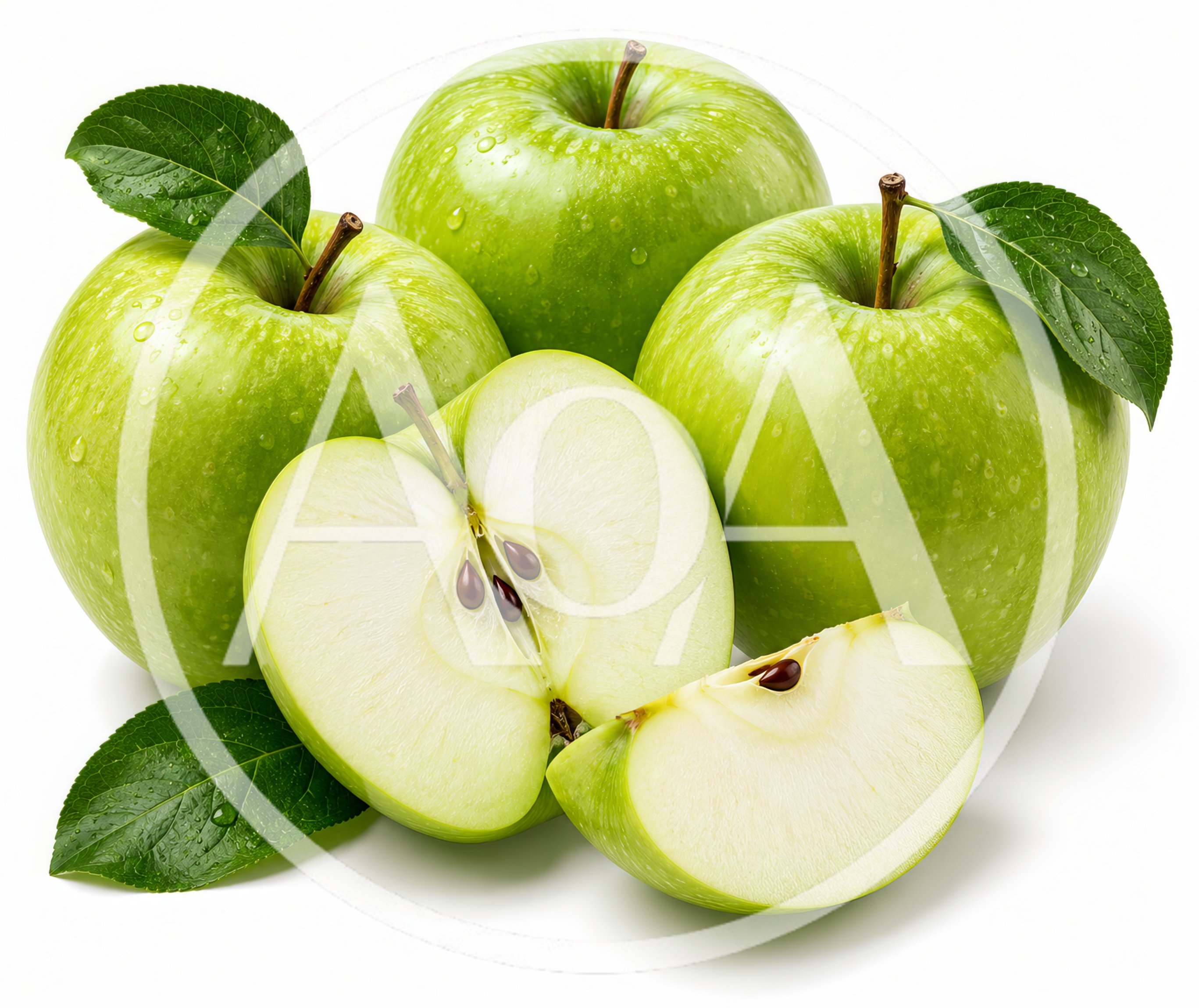 Fresh Green Granny Smith Apples With Leaves