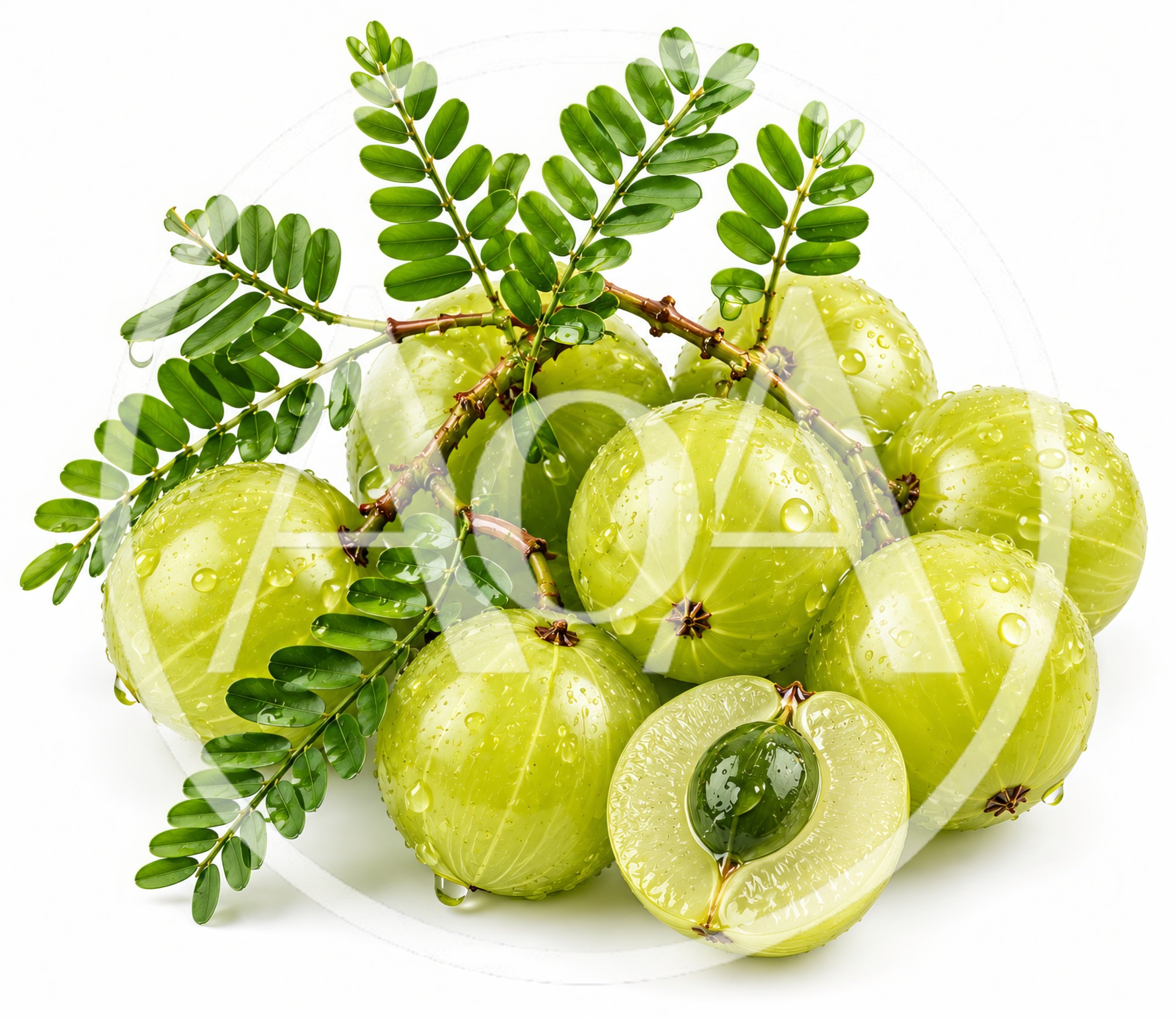 Fresh Amla Fruits With Green Leaves On White Background