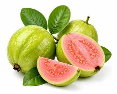 Fresh Pink Guava Fruits With Green Leaves