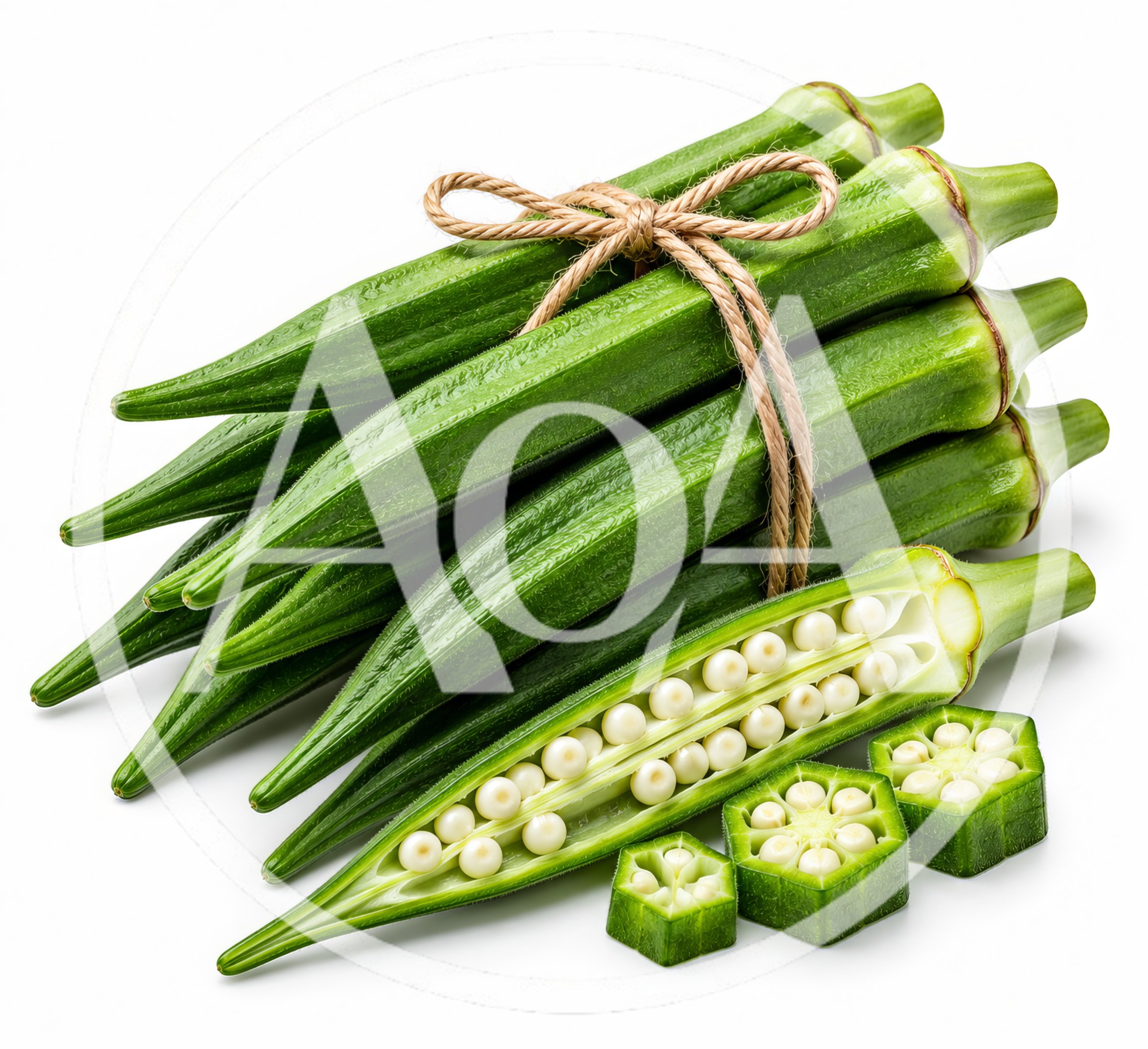 Fresh Green Okra Pods Tied With Twine