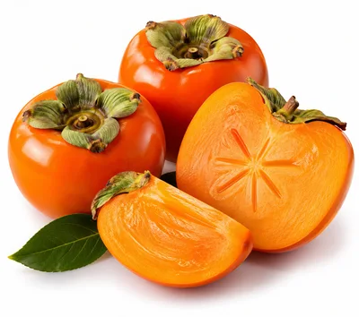 Fresh Ripe Persimmons With Leaves On White Background