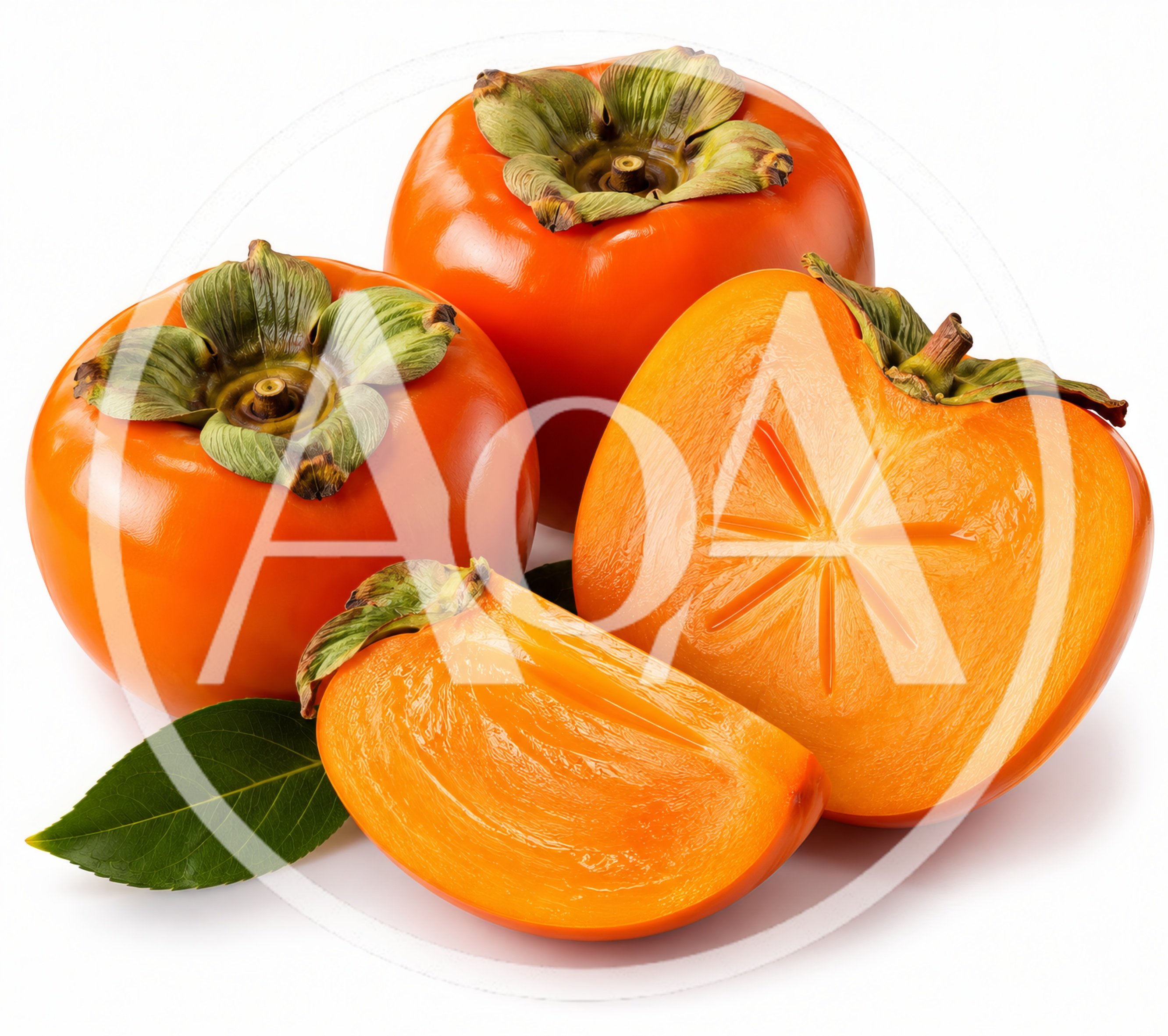 Fresh Ripe Persimmons With Leaves On White Background