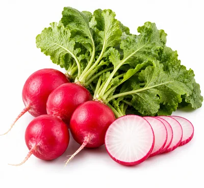 Fresh Red Radishes With Green Leaves On White Background