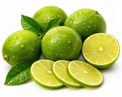 Fresh Whole And Sliced Limes With Green Leaves