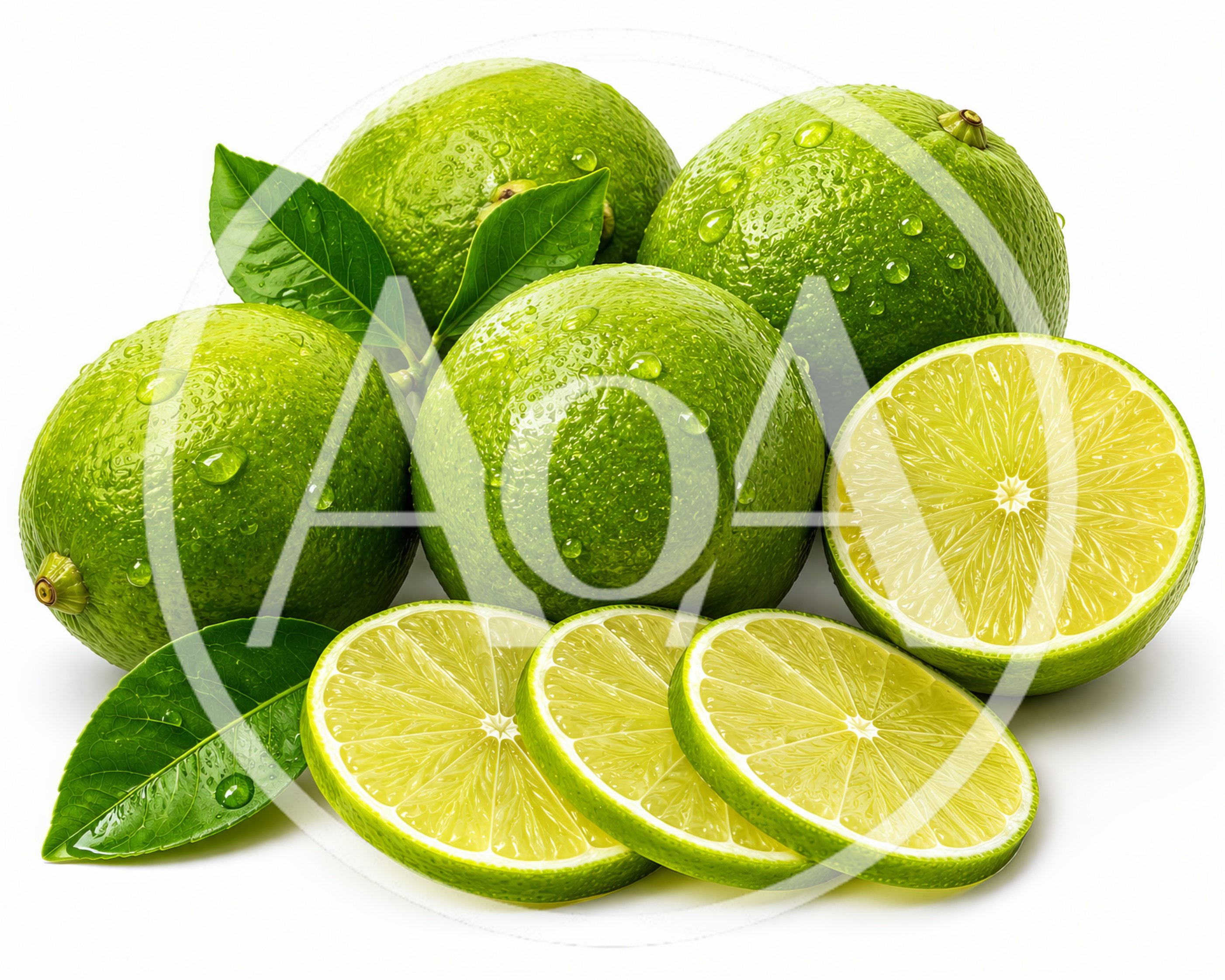 Fresh Whole And Sliced Limes With Green Leaves