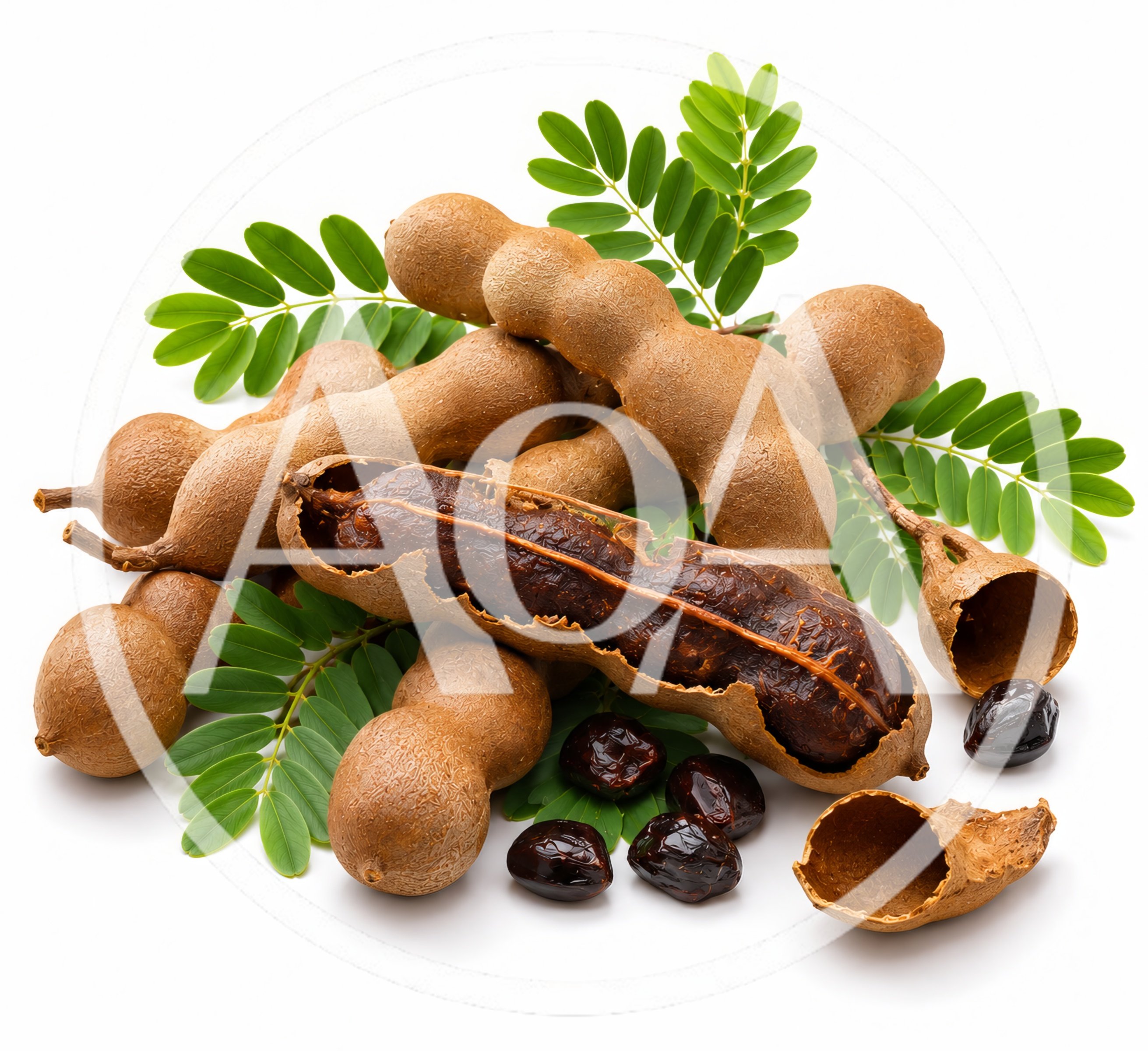 Fresh Tamarind Pods With Leaves And Seeds