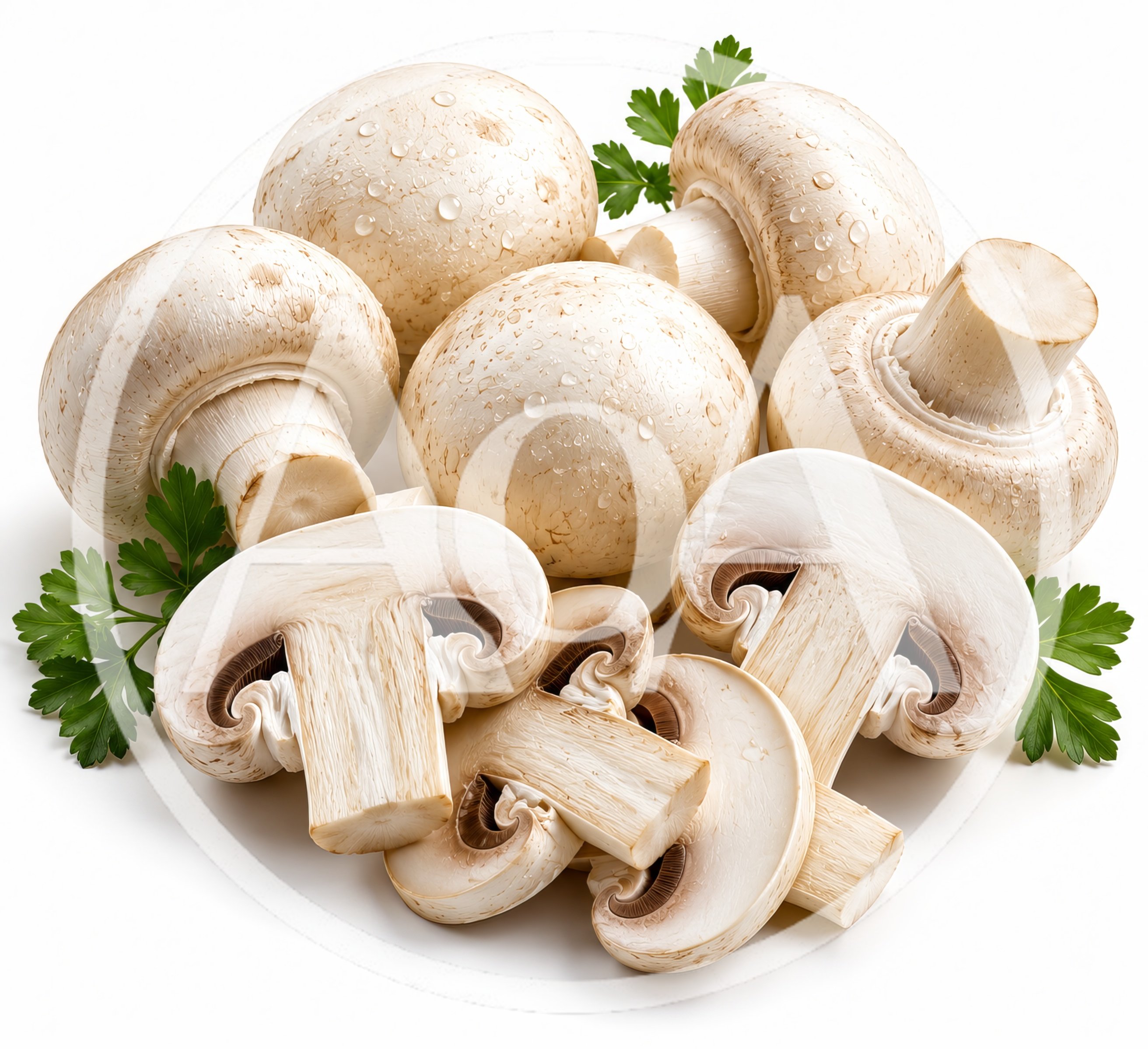 Fresh Whole And Sliced White Button Mushrooms