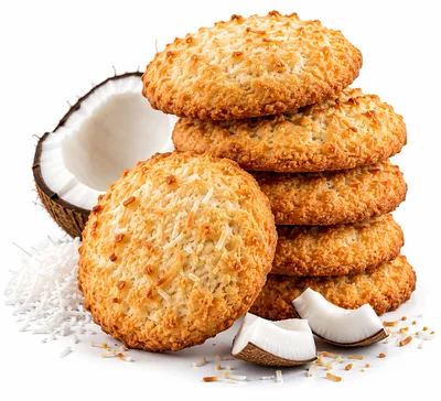 Stack of Golden Coconut Cookies with Fresh Coconut Pieces