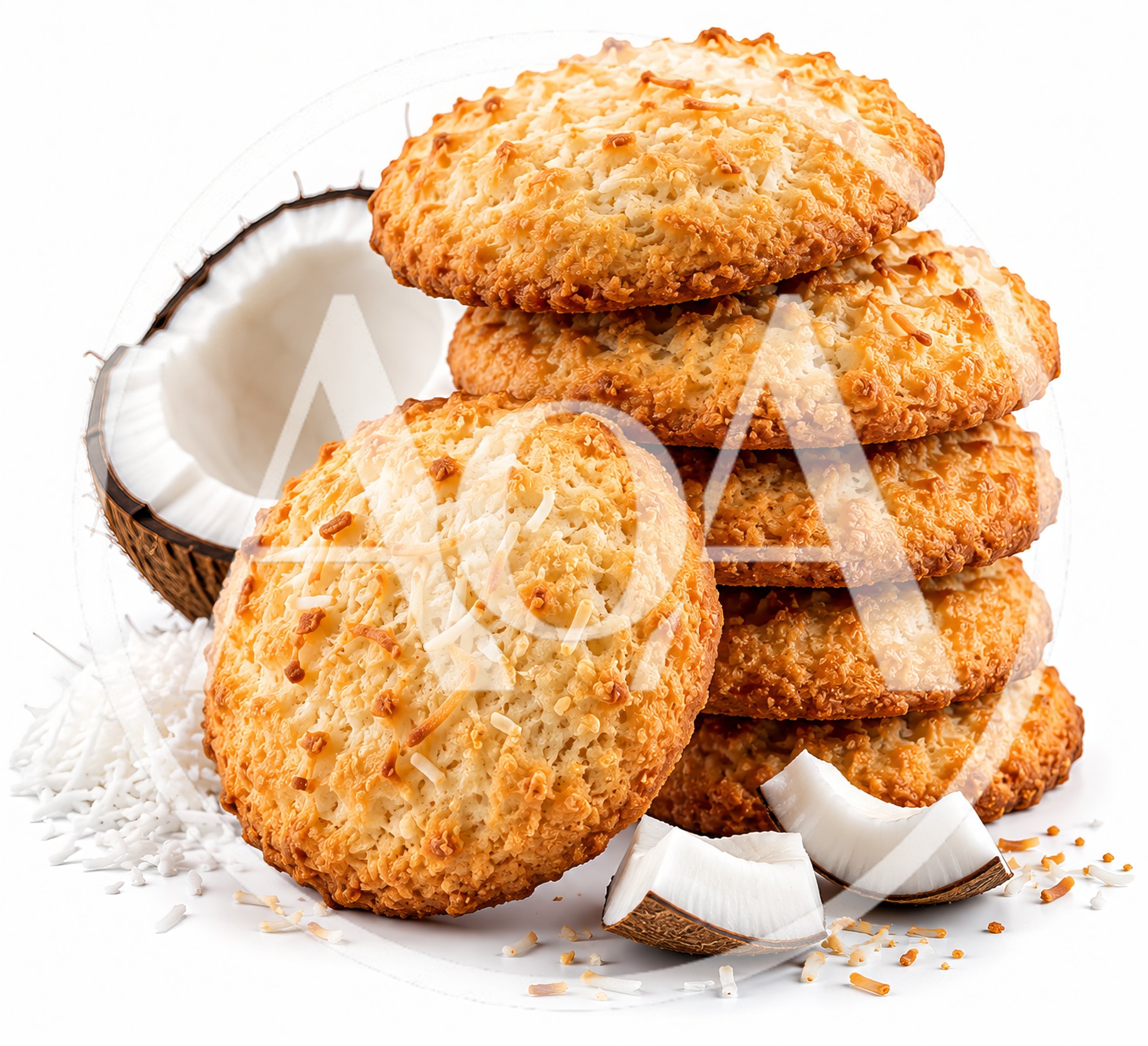 Stack of Golden Coconut Cookies with Fresh Coconut Pieces