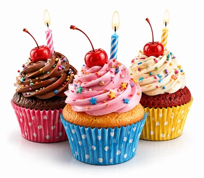 Three Festive Cupcakes With Cherries And Candles