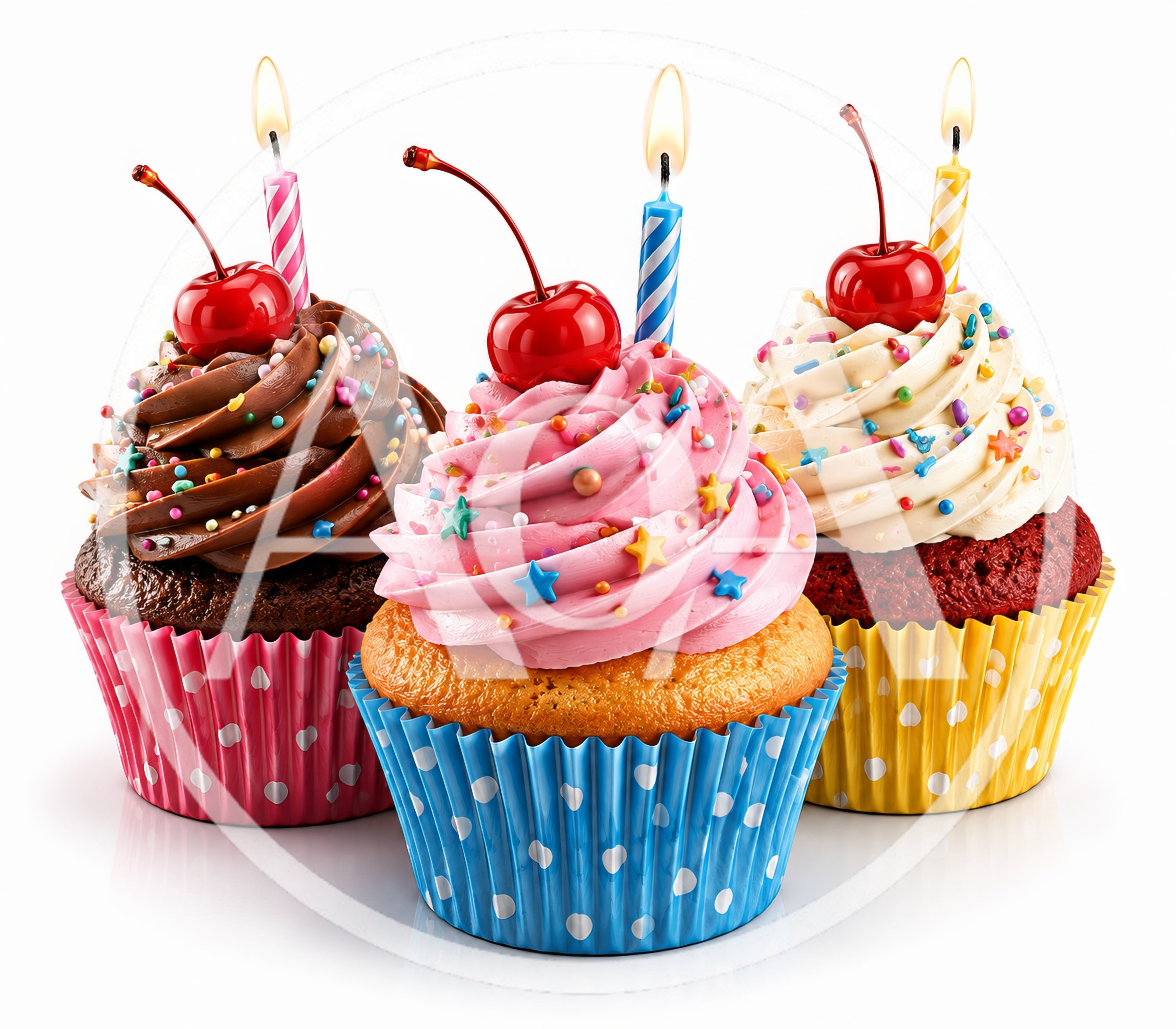 Three Festive Cupcakes With Cherries And Candles