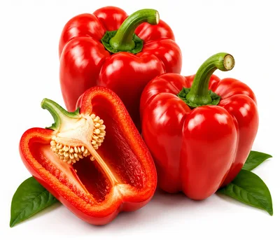 Fresh Red Bell Peppers With Leaves