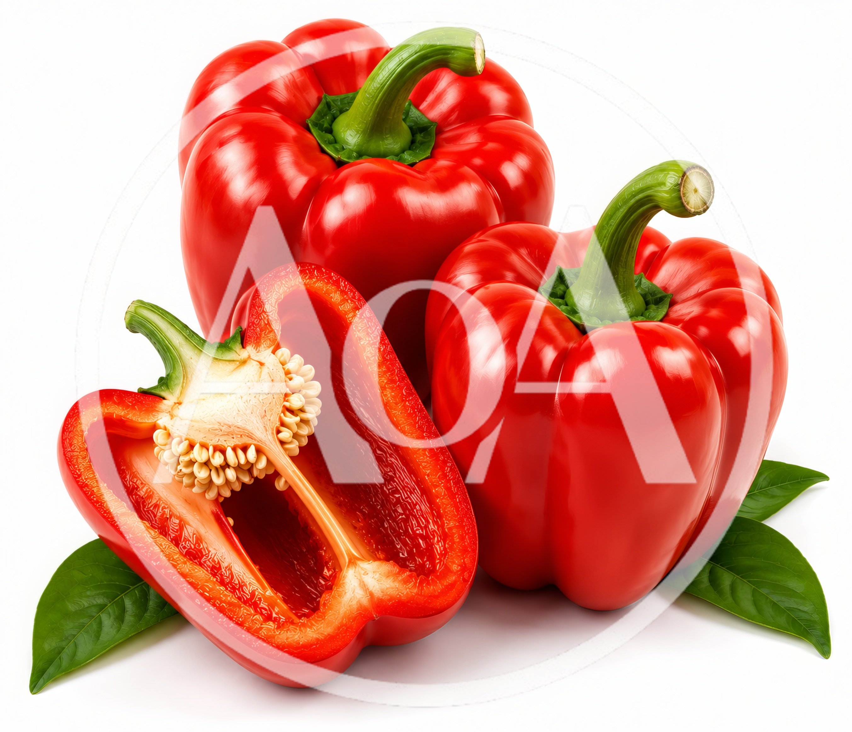 Fresh Red Bell Peppers With Leaves