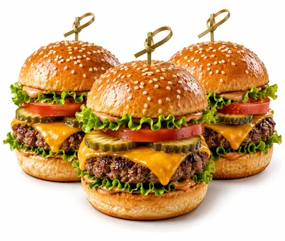 Three Gourmet Cheeseburgers With Pickles And Tomatoes