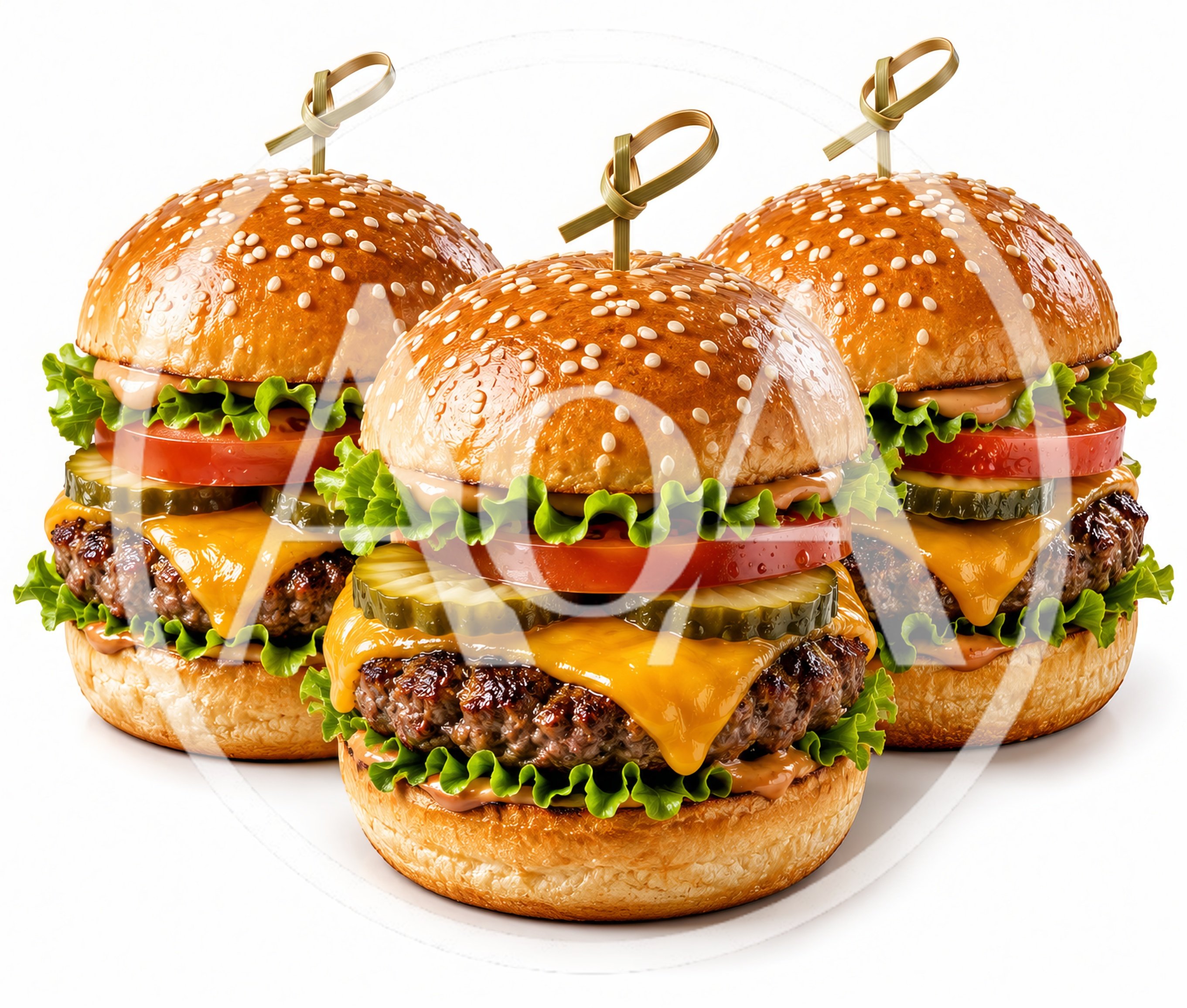 Three Gourmet Cheeseburgers With Pickles And Tomatoes
