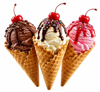 Three Scoops Of Ice Cream In Waffle Cones