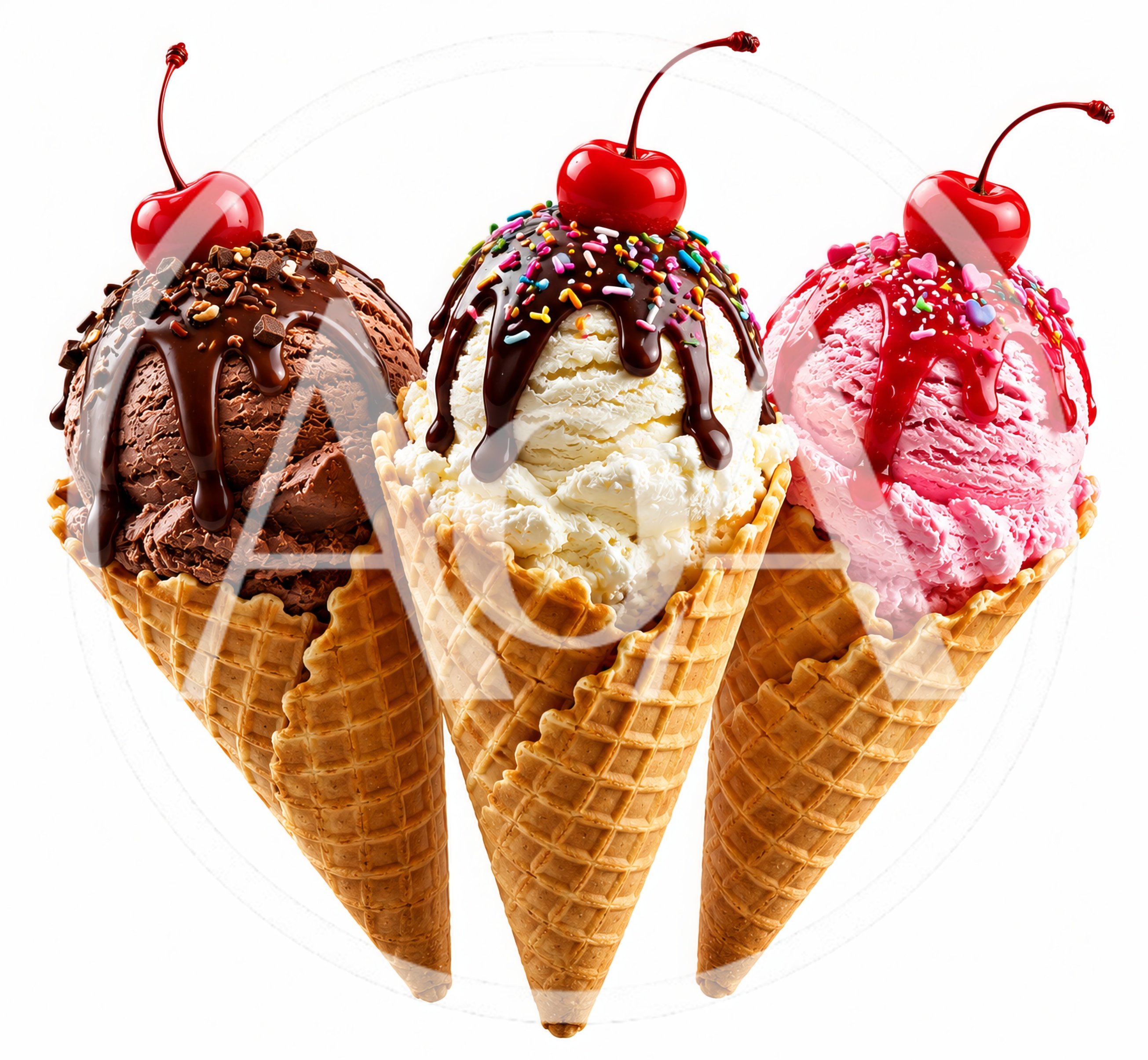 Three Scoops Of Ice Cream In Waffle Cones