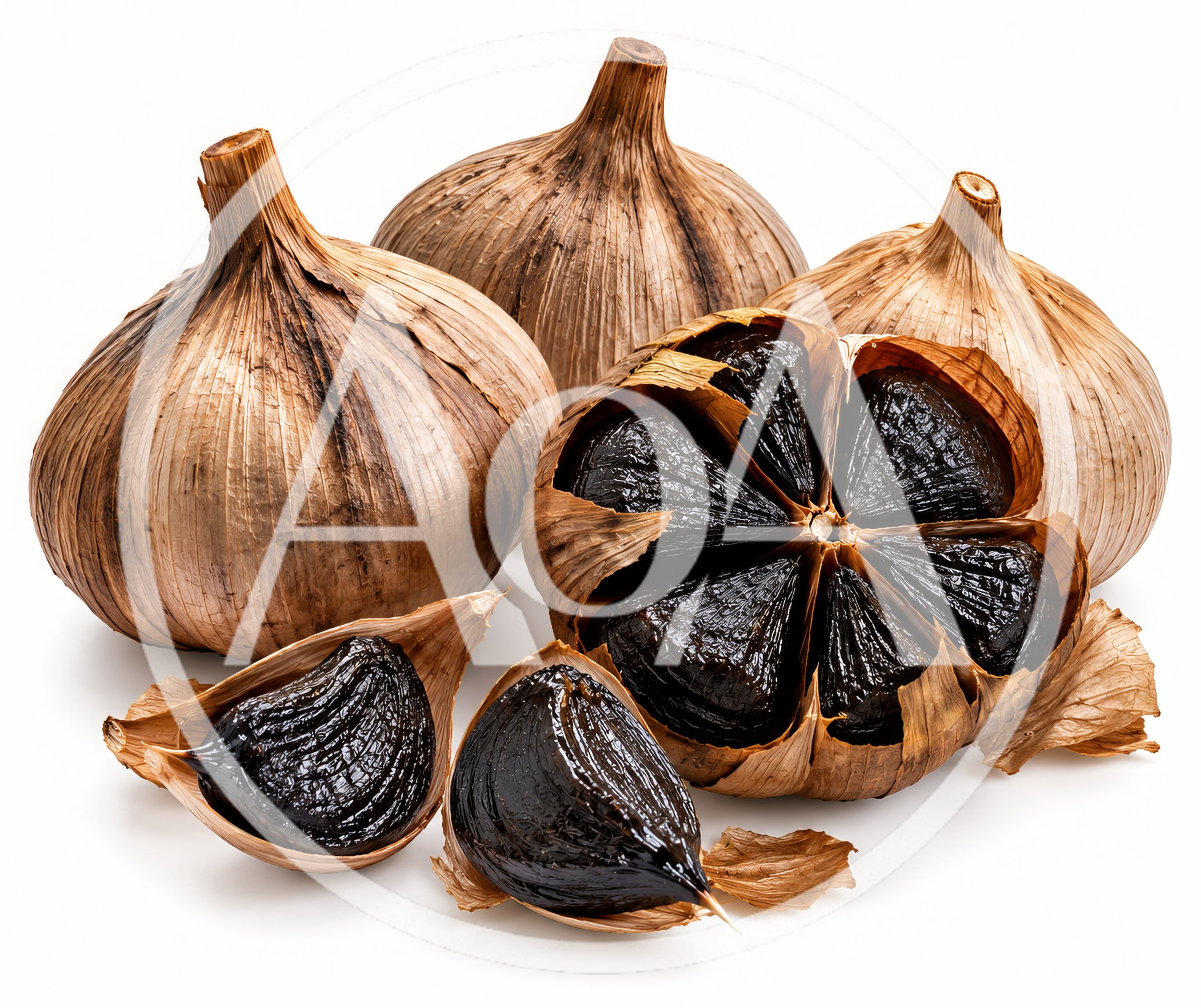 Whole And Peeled Black Garlic Bulbs