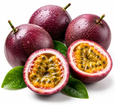 Fresh Whole And Halved Passion Fruits With Leaves